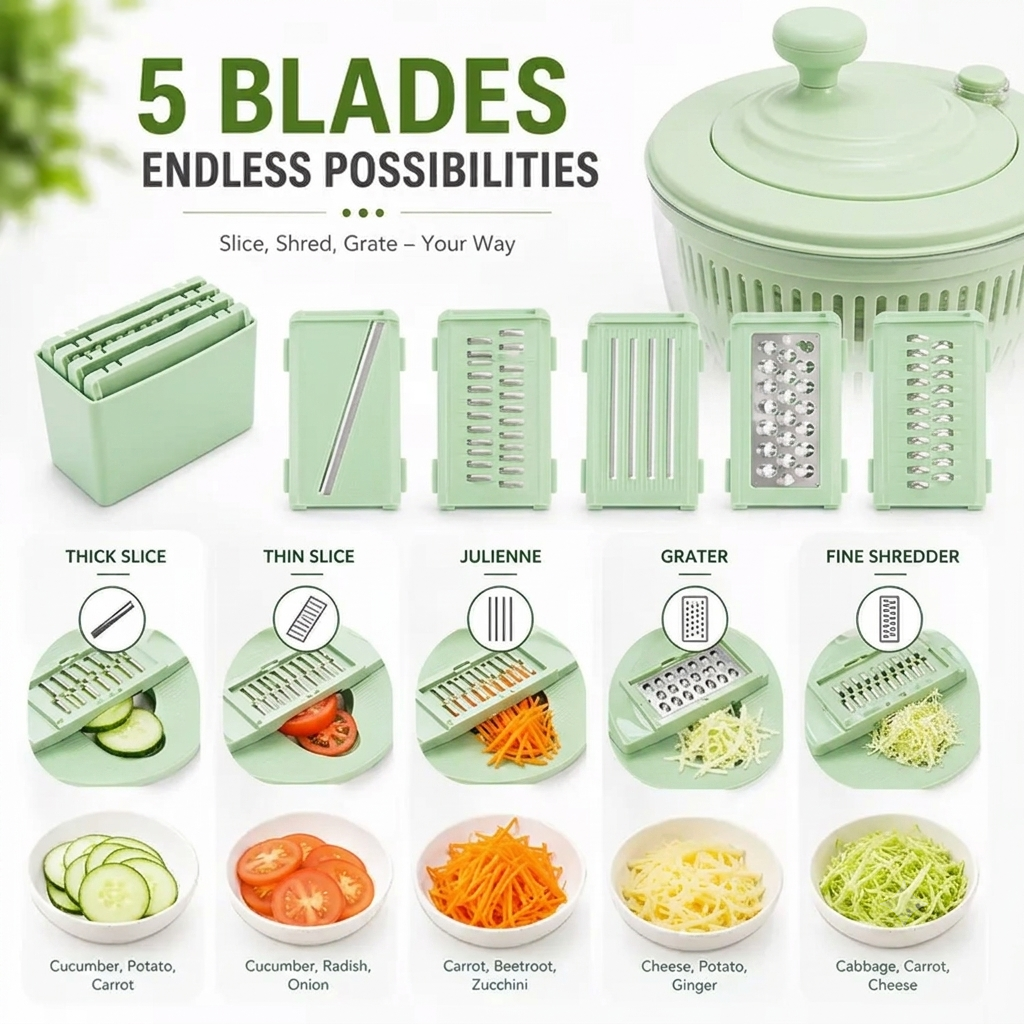 5-in-1 Salad Spinner with 5 Slicing Blades — Wash, Dry & Slice Veggies Fast