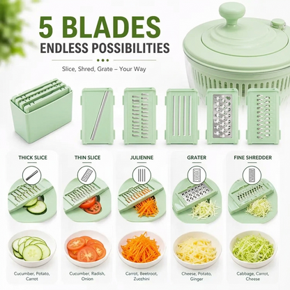 5-in-1 Salad Spinner with 5 Slicing Blades — Wash, Dry & Slice Veggies Fast
