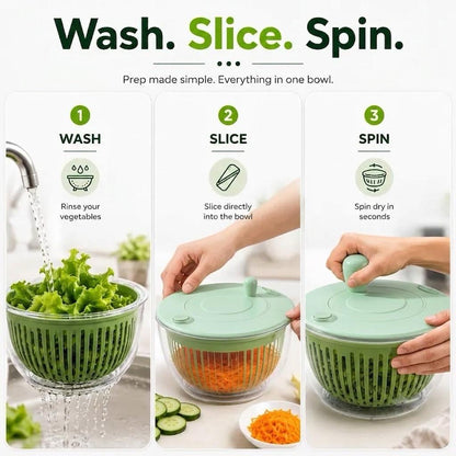 5-in-1 Salad Spinner with 5 Slicing Blades — Wash, Dry & Slice Veggies Fast